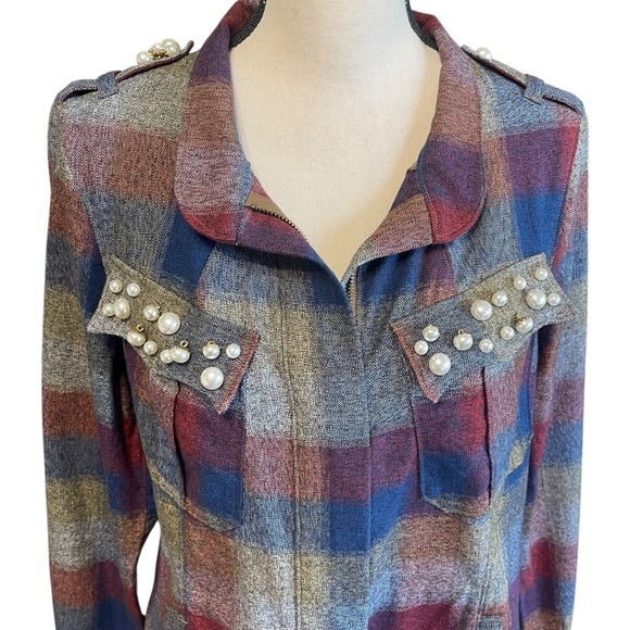 CAbi Pearl Embellished Flannel Plaid College Upscale Casual Jacket Women Medium - Picture 4 of 12